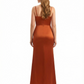 Elegant Mermaid Ruched Satin Long Formal Dresses For Women Spaghetti Straps Side Slit