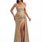 Sexy Mermaid One Shoulder Ruched Satin Long Formal Wedding Guest Dresses Side Slit