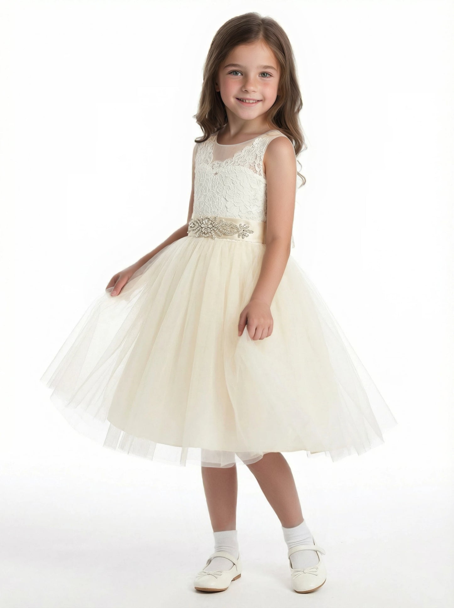 Illusion Lace Flower Girl Dress Sleeveless A-Line Tulle Skirt Tea Length Wedding Dress