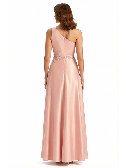 Sexy One Shoulder Ruffle Side Slit A-Line Ruched Satin Long Formal Dresses For Women
