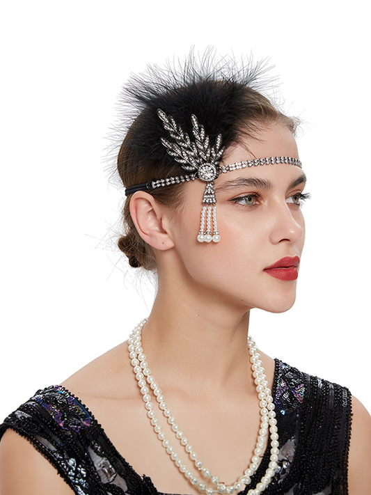 Feather Hair Clip White/ Black Feathers, vintage Jewel Comb, Barrette, Baguette Marquise