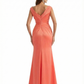 Elegant Cap Sleeves V-Neck Silky Satin Mermaid Long Formal Dresses Side Slit With Waist Drape