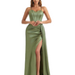Ladies Silky Satin Mermaid Maxi Evening Gowns For Women Spaghetti Straps Side Slit Boning