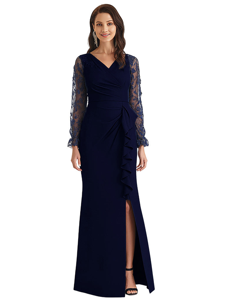 Long Sleeve Custom Mother of The Groom Dresses Wedding Evening Mother Outfits V Neck