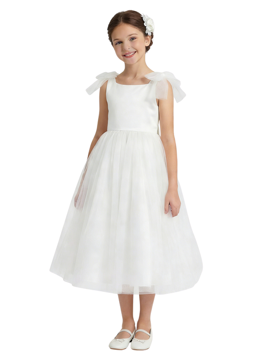 Elegant Tulle Flower Girl Dress with Soft Bow Shoulders Lace Bodice Flower Girl For Wedding Party Gowns