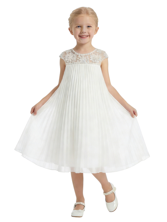 Cap Sleeve Flower Girl Dress, Pleated Chiffon A-Line Silhouette, Knee Length Formal Style
