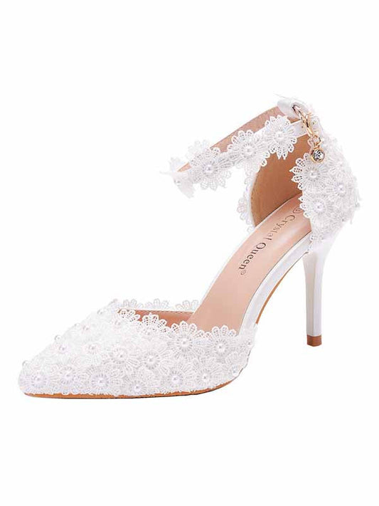 Large size 5cm lace high heels stiletto medium heel wedding shoes work pointed toe bridesmaid shoes annual party photo shoes