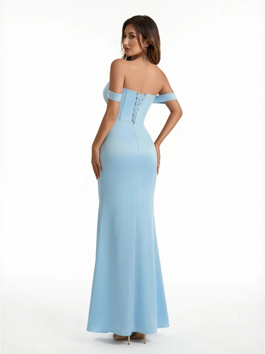 Sexy Off The Shoulder Sweetheart Mermaid Ruched Satin Long Formal Dresses Side Slit