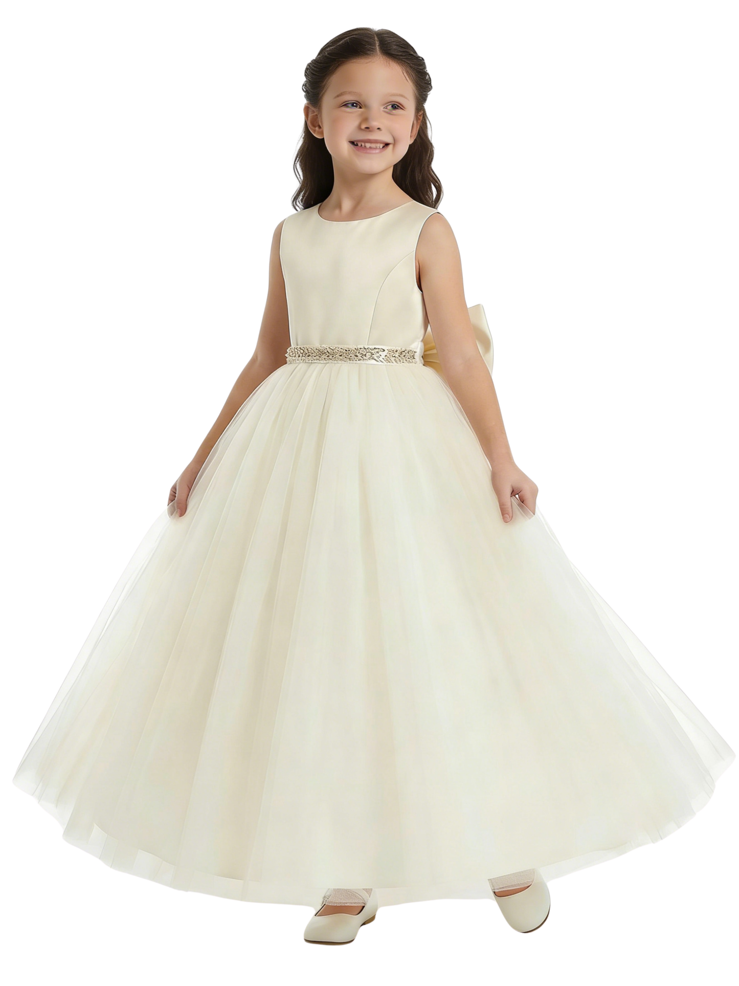 Charming Flower Girl Gown Round Back Sleeveless A-Line Floor-Length Tulle Dress with Satin Bow & Beaded Waist Trim