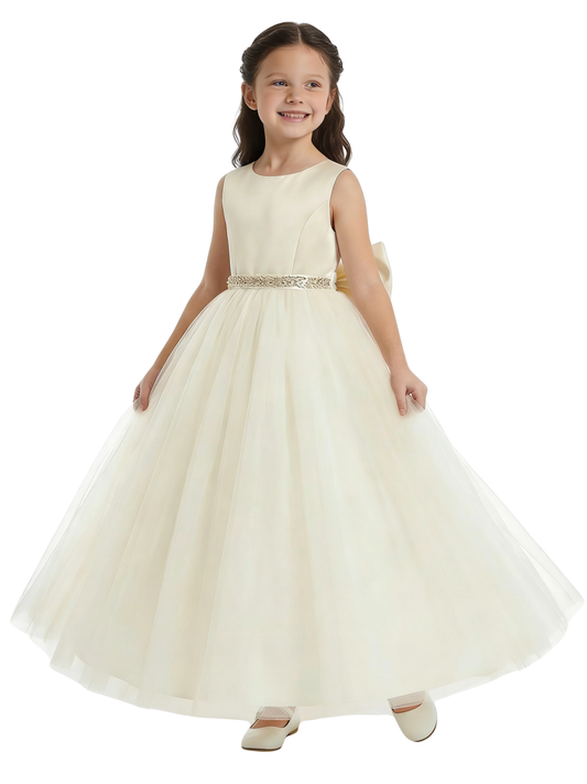 Charming Flower Girl Gown Round Back Sleeveless A-Line Floor-Length Tulle Dress with Satin Bow & Beaded Waist Trim