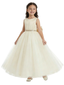 Charming Flower Girl Gown Round Back Sleeveless A-Line Floor-Length Tulle Dress with Satin Bow & Beaded Waist Trim