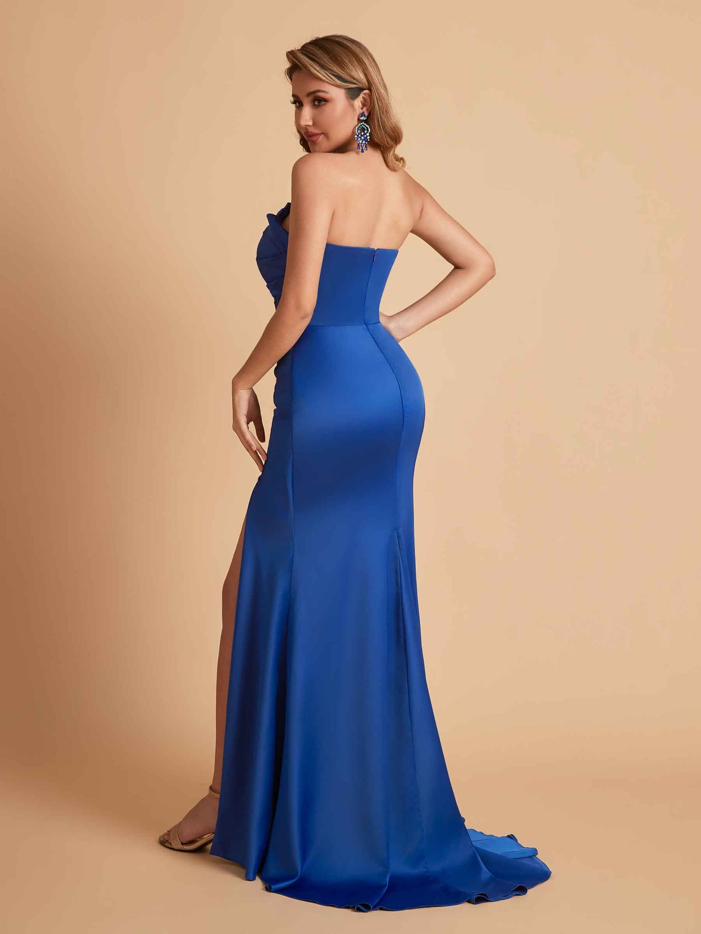 Elegant Satin Straight Neck Mermaid Side Slit Floor Length Bridesmaid Dresses