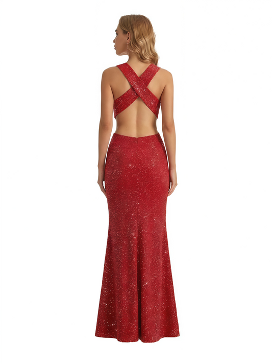 Shiny Spaghetti Straps Mermaid Glitter Jersey Side Slit Maxi Formal Dresses For Women