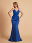 Sexy Satin Spaghetti Straps V-neck Mermaid Floor Length Applique Bridesmaid Dresses