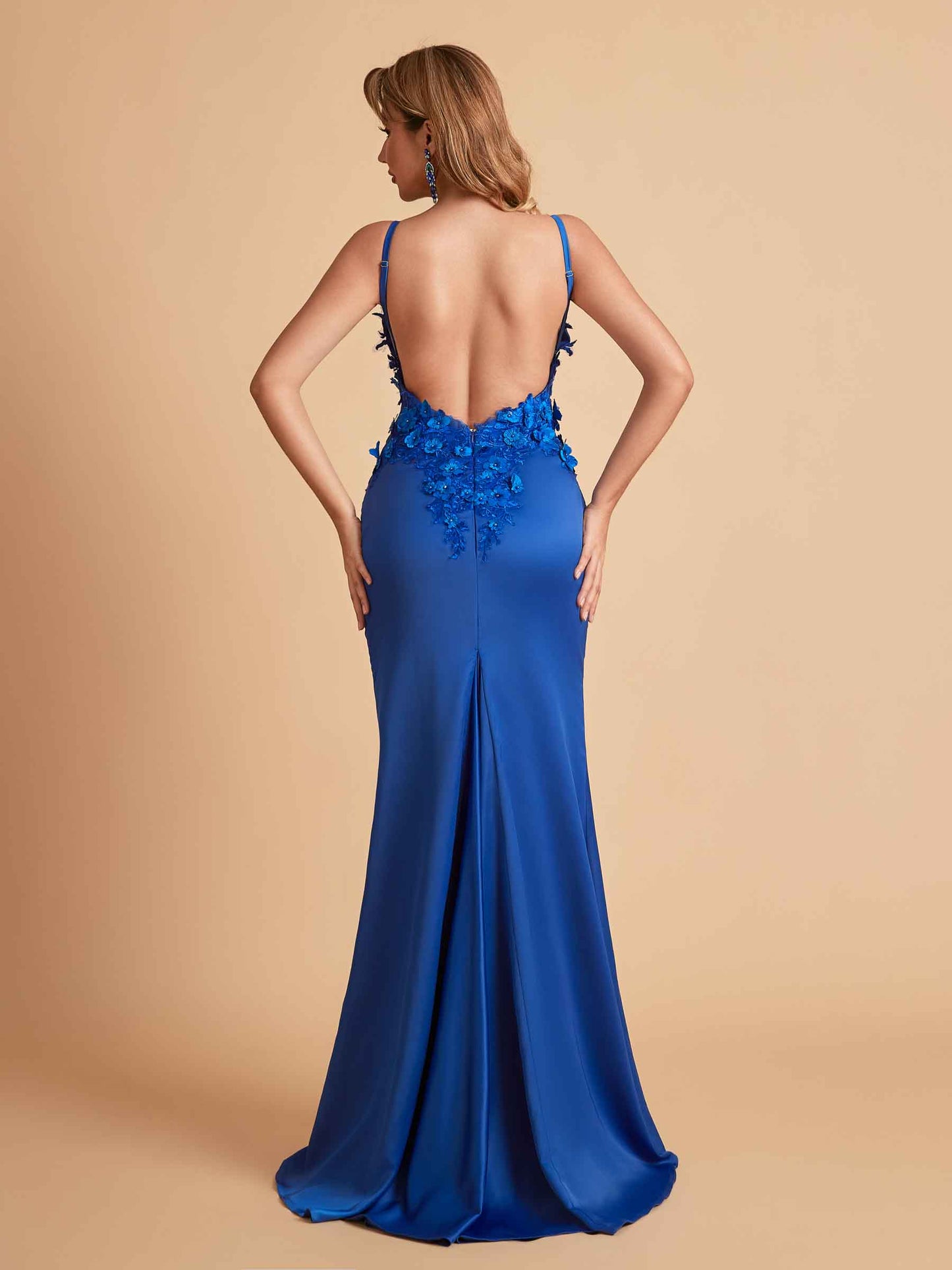 Sexy Satin Spaghetti Straps V-neck Mermaid Floor Length Applique Bridesmaid Dresses