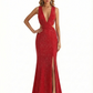 Shiny Spaghetti Straps Mermaid Glitter Jersey Side Slit Maxi Formal Dresses For Women