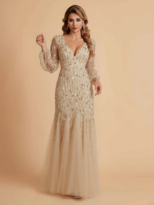 Elegant Mermaid Chiffon Long Sleeves V-neck Mother of the Brides Dresses Lace Top