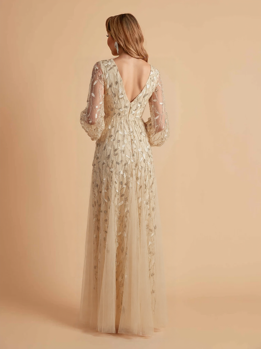 Elegant Mermaid Chiffon Long Sleeves V-neck Mother of the Brides Dresses Lace Top