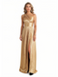 Sexy One Shoulder Side Slit Pleats A-Line Silky Satin Long Formal Evening Dresses For Women