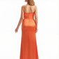 Sexy Cowl Side Slit Mermaid Soft Satin Long Formal Gowns For Women Spaghetti Straps