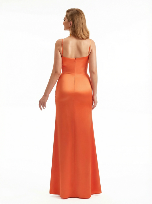 Sexy Cowl Side Slit Mermaid Soft Satin Long Formal Gowns For Women Spaghetti Straps