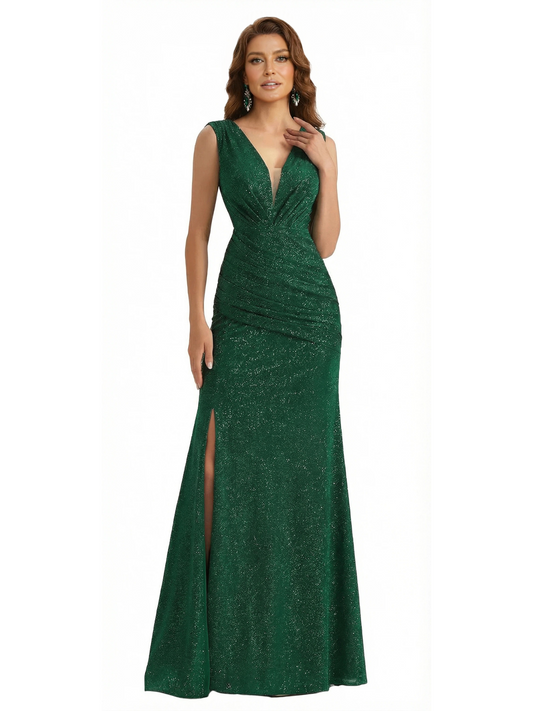 Shiny Spaghetti Straps Mermaid Glitter Jersey Side Slit Maxi Formal Dresses For Women