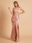 Sexy Satin Spaghetti Straps Mermaid Side Slit Floor Length Pleats Bridesmaid Dresses
