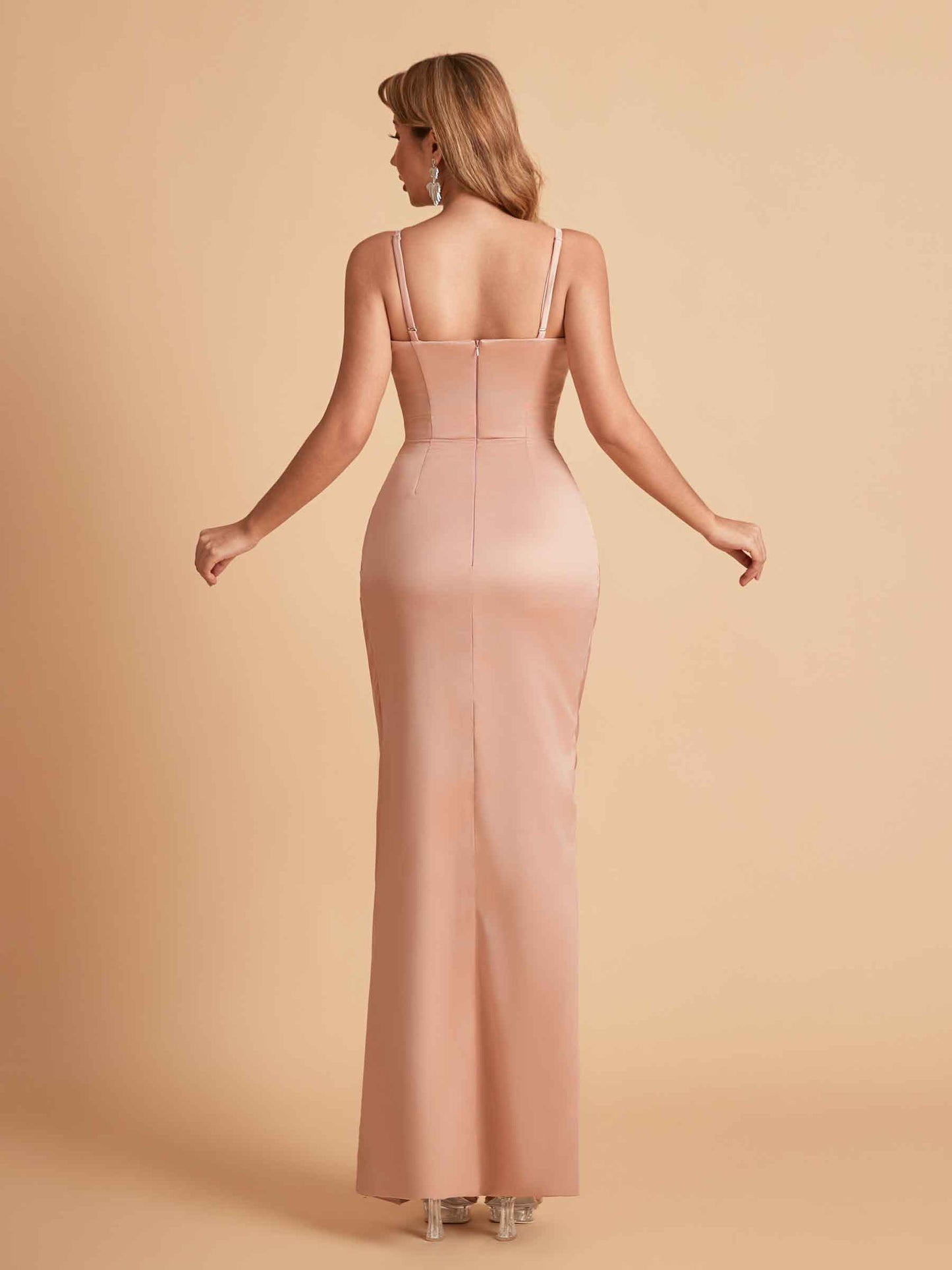 Sexy Satin Spaghetti Straps Mermaid Side Slit Floor Length Pleats Bridesmaid Dresses
