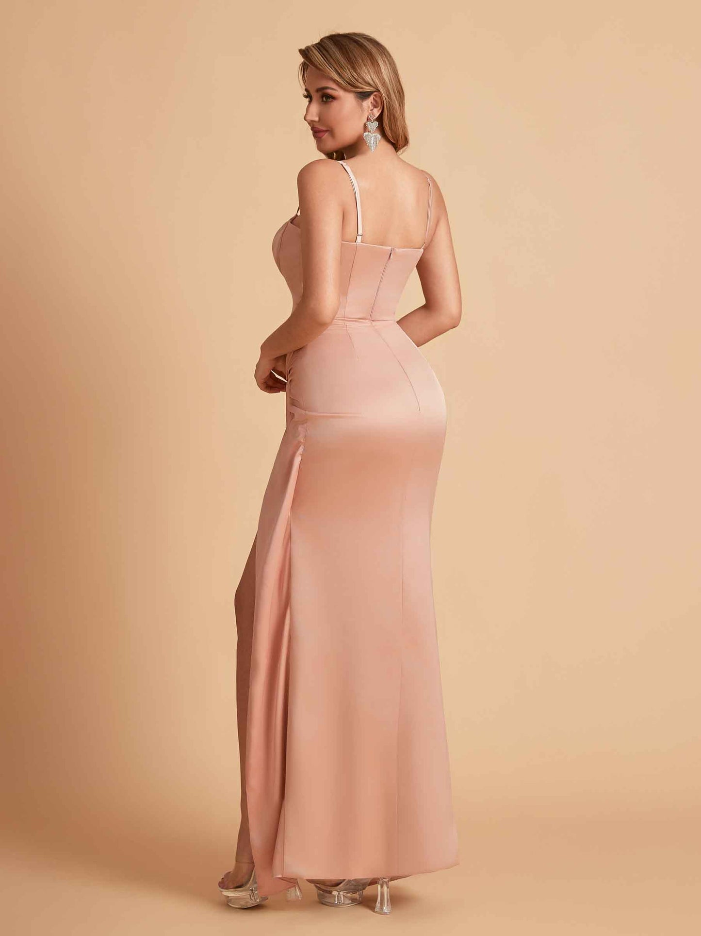 Sexy Satin Spaghetti Straps Mermaid Side Slit Floor Length Pleats Bridesmaid Dresses