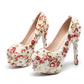 Women's Wedding Shoes Floral Lace Round Toe High Heels Decorative Heel Bridal Shoes,H23