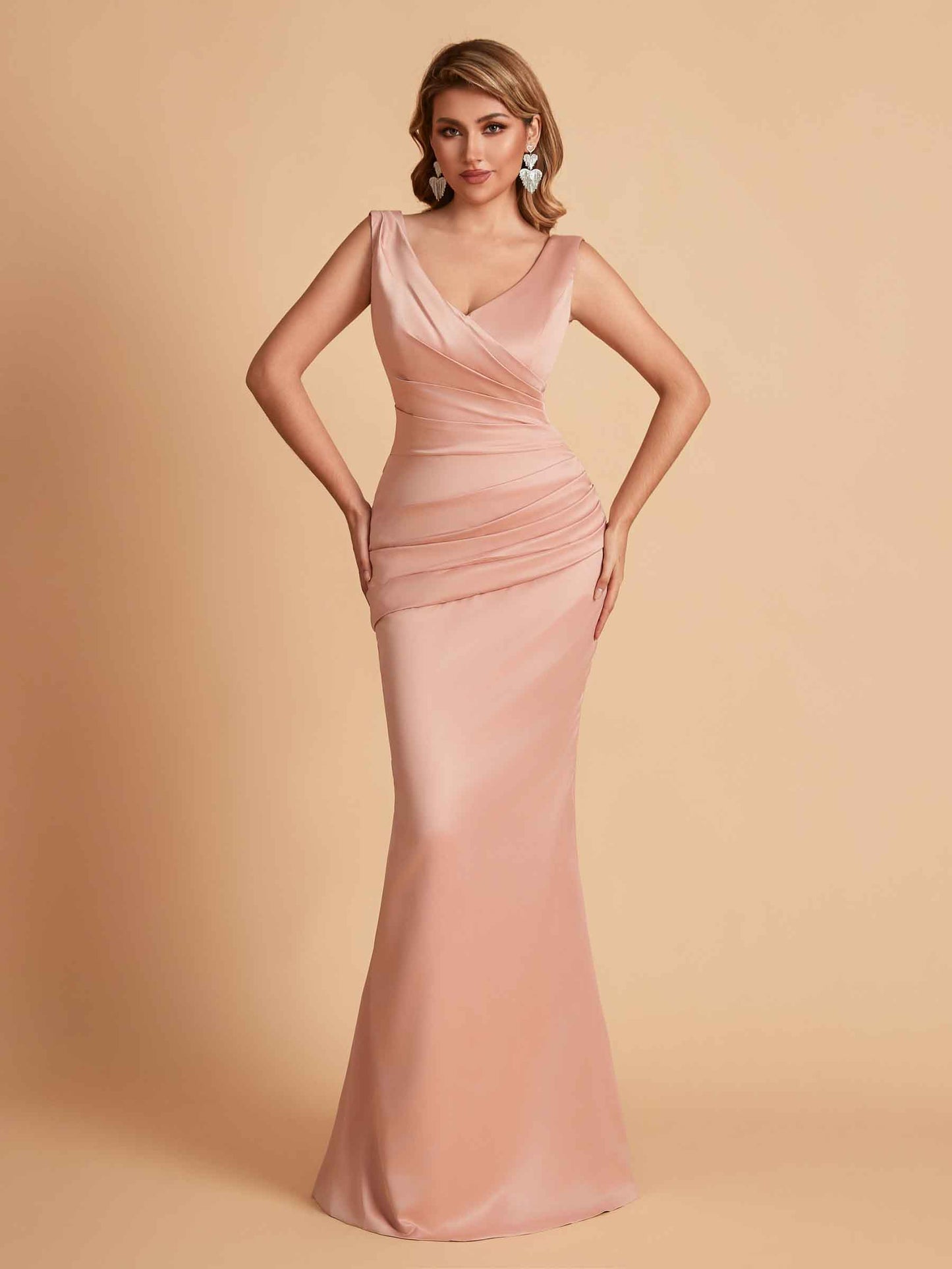 Elegant Satin V-neck Sleeveless Mermaid Floor Length Bridesmaid Dresses