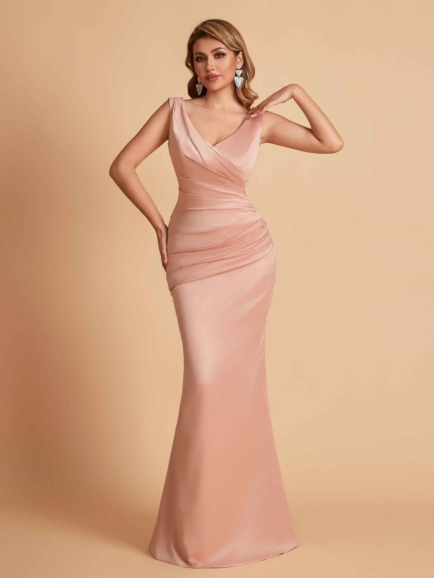 Elegant Satin V-neck Sleeveless Mermaid Floor Length Bridesmaid Dresses