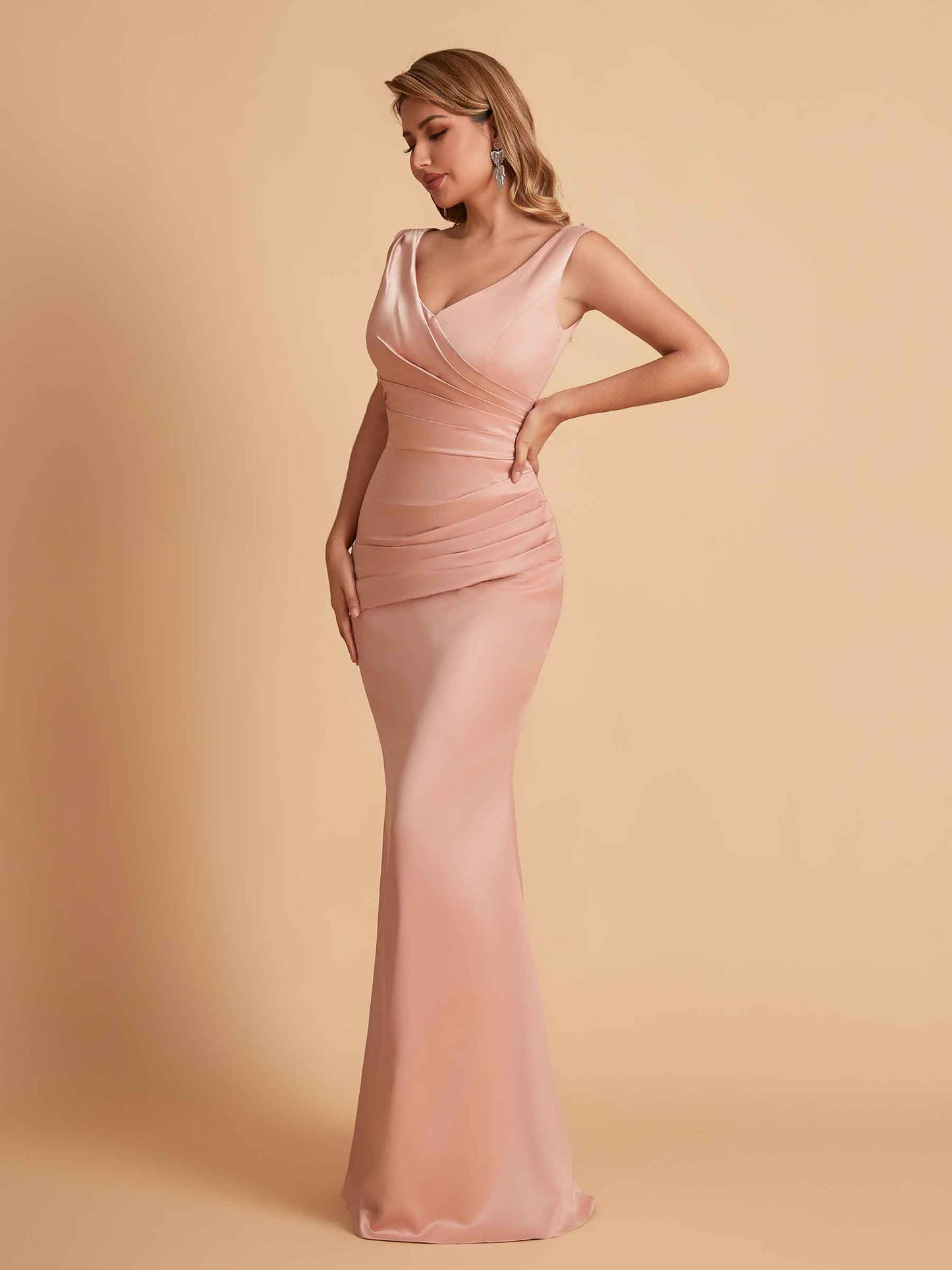 Elegant Satin V-neck Sleeveless Mermaid Floor Length Bridesmaid Dresses