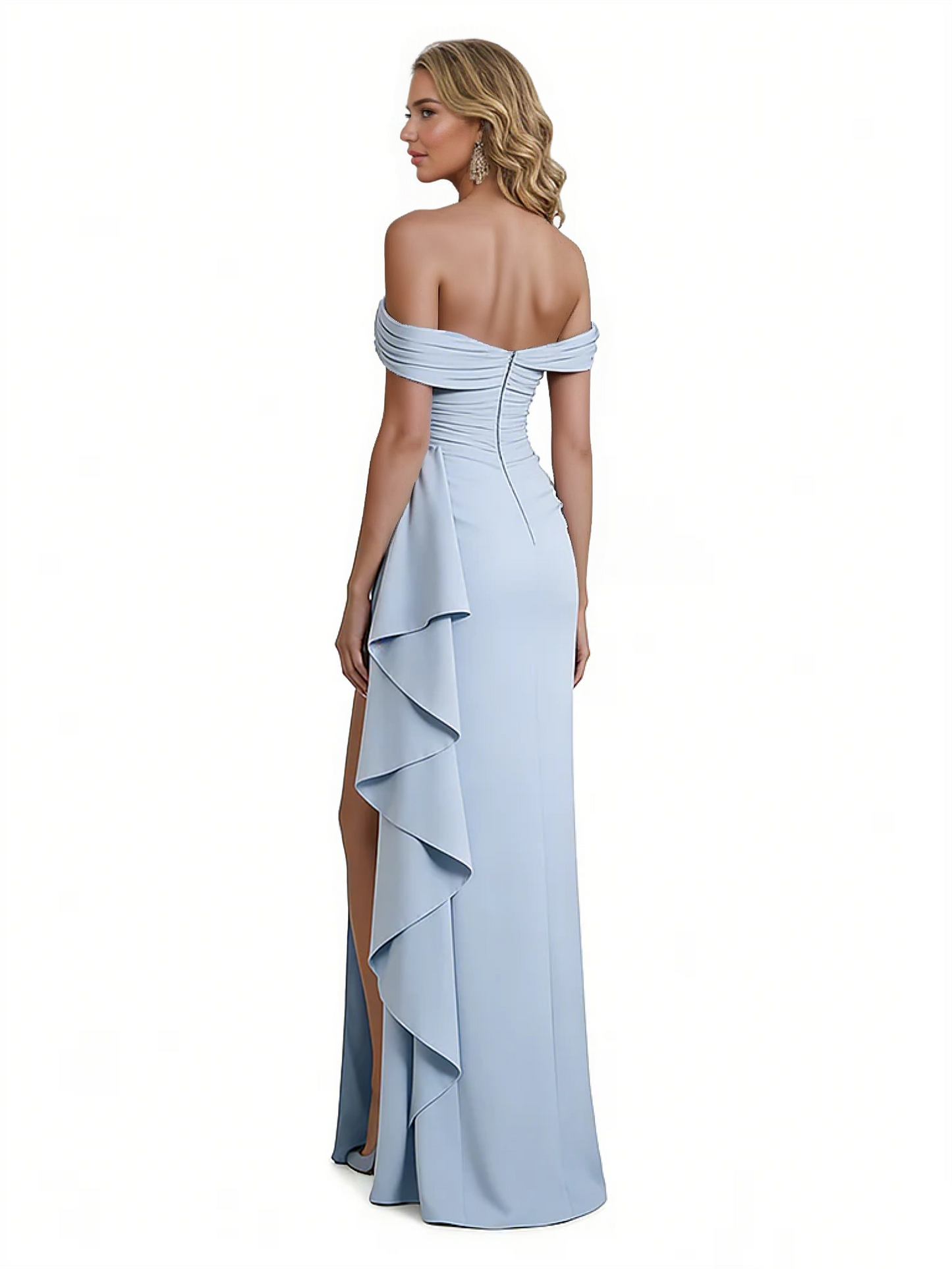 Sexy V-Neck Off The Shoulder Silky Satin Side Slit Mermaid Long Formal Evening Dresses