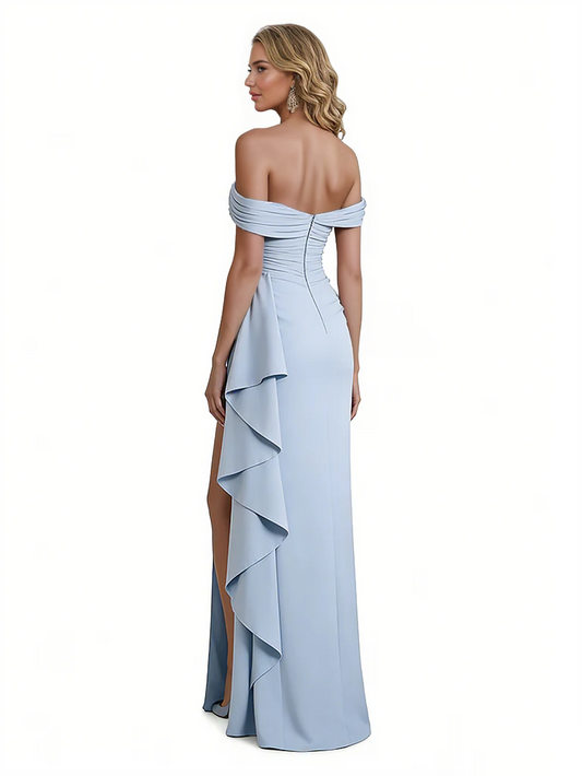 Sexy V-Neck Off The Shoulder Silky Satin Side Slit Mermaid Long Formal Evening Dresses