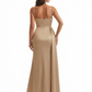 Elegant Mermaid Ruched Satin Long Formal Evening Dresses Spaghetti Straps Side Slit