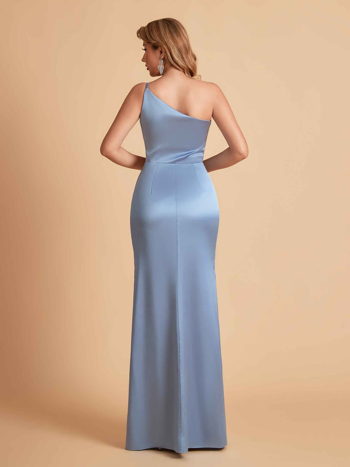 Elegant Satin One Shoulder Side Slit Mermaid Floor Length Bridesmaid Dresses