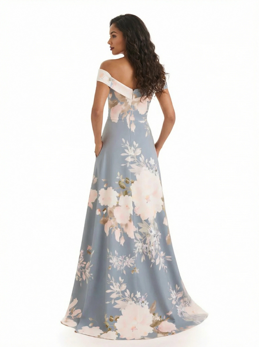 Trendy Off Shoulder A-Line Long Floral Satin Women Formal Evening Dresses