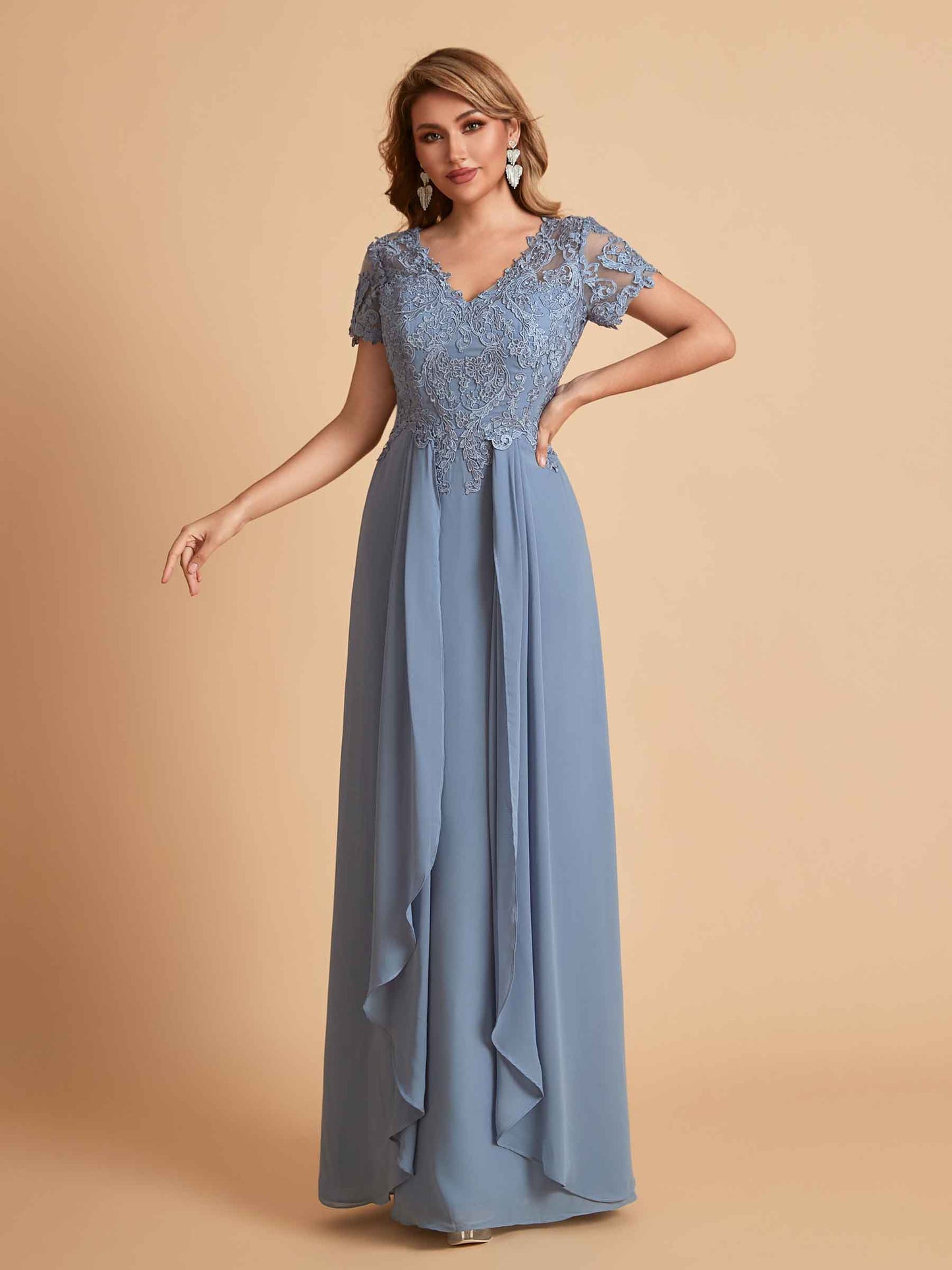 Elegant A-Line Chiffon Short Sleeves V-neck Mother of the Brides Dresses Lace Top MOB Dresses