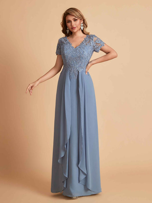 Elegant A-Line Chiffon Short Sleeves V-neck Mother of the Brides Dresses Lace Top MOB Dresses