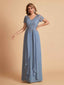 Elegant A-Line Chiffon Short Sleeves V-neck Mother of the Brides Dresses Lace Top MOB Dresses