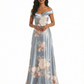 Trendy Off Shoulder A-Line Long Floral Satin Women Formal Evening Dresses