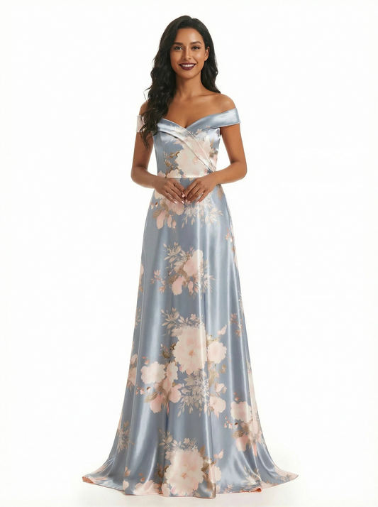 Trendy Off Shoulder A-Line Long Floral Satin Women Formal Evening Dresses
