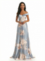 Trendy Off Shoulder A-Line Long Floral Satin Women Formal Evening Dresses