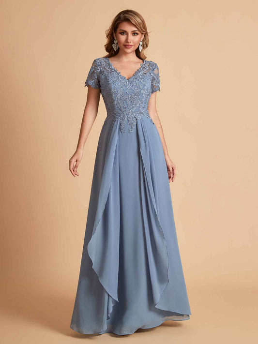 Elegant A-Line Chiffon Short Sleeves V-neck Mother of the Brides Dresses Lace Top MOB Dresses