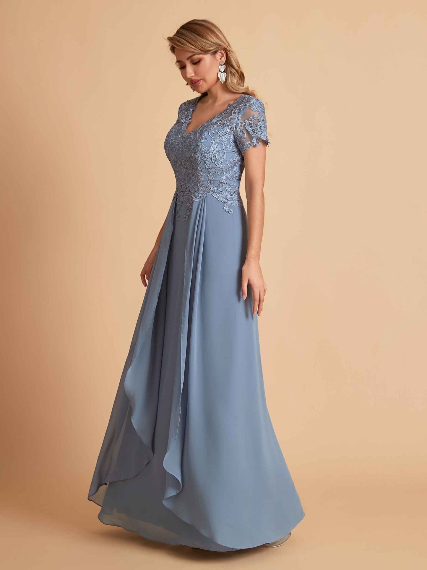 Elegant A-Line Chiffon Short Sleeves V-neck Mother of the Brides Dresses Lace Top MOB Dresses