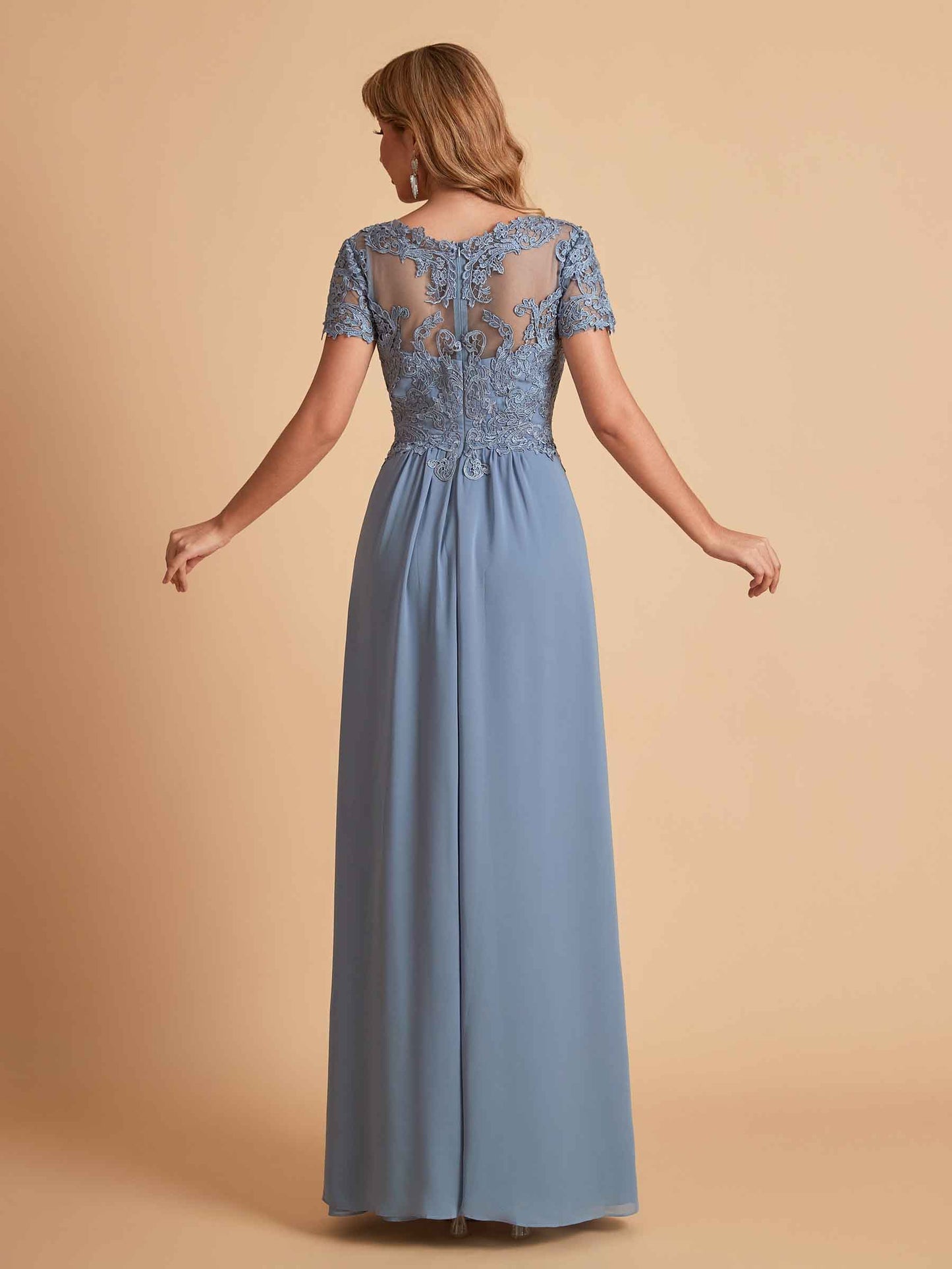 Elegant A-Line Chiffon Short Sleeves V-neck Mother of the Brides Dresses Lace Top MOB Dresses