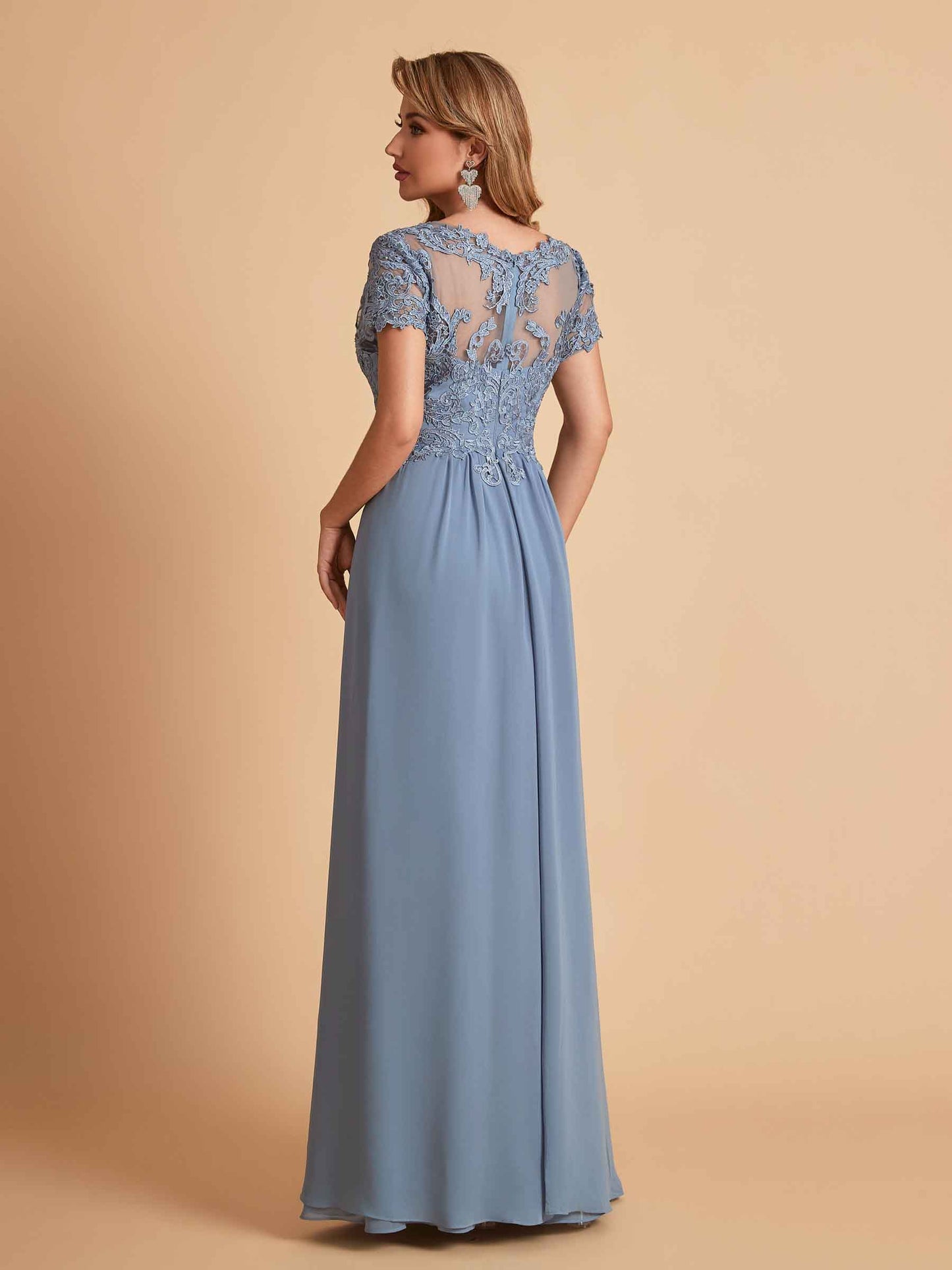 Elegant A-Line Chiffon Short Sleeves V-neck Mother of the Brides Dresses Lace Top MOB Dresses