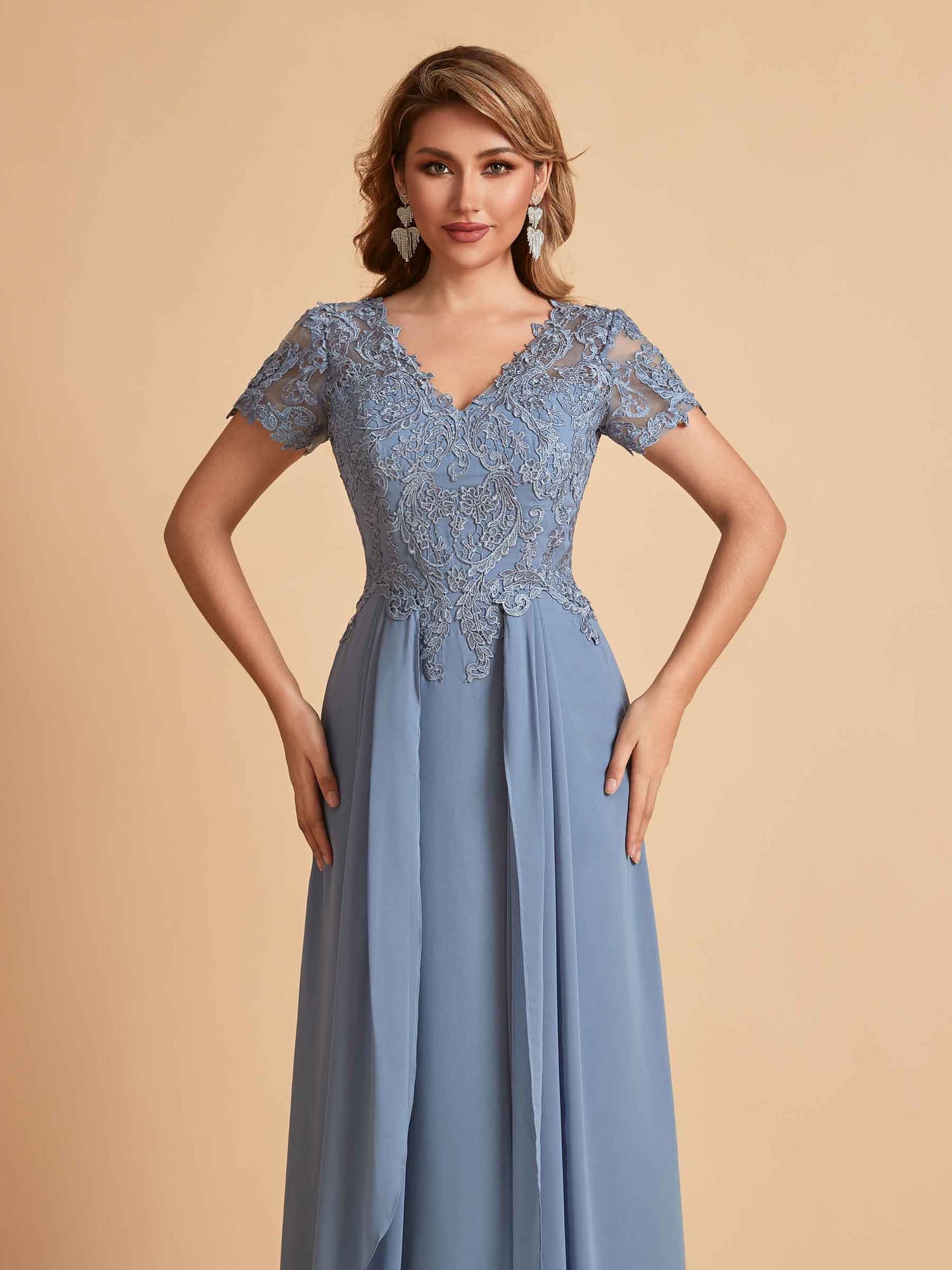 Elegant A-Line Chiffon Short Sleeves V-neck Mother of the Brides Dresses Lace Top MOB Dresses