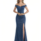 Shiny Mermaid Glitter Jersey Off The Shoulder Side Slit Maxi Formal Dresses For Women